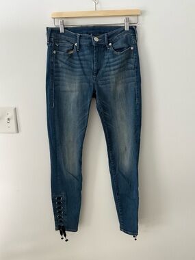 True Religion Halle Mid Rise Super Skinny Crop Ankle Lace Up Jean